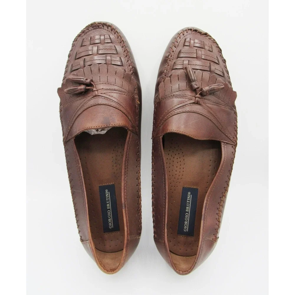 Giorgio Brutini Men's Loafers Kiltie Tassel Brown Woven Top Moc Toe Leather 13W